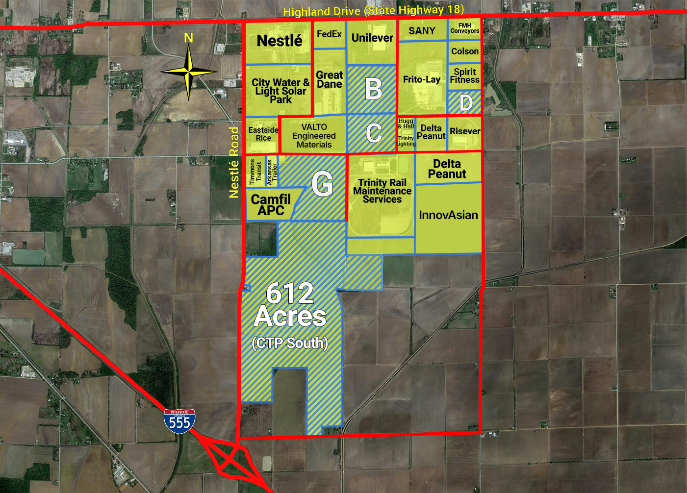 Map of Craighead Technology Park and South showing facility locations and available sites in Jonesboro, Arkansas