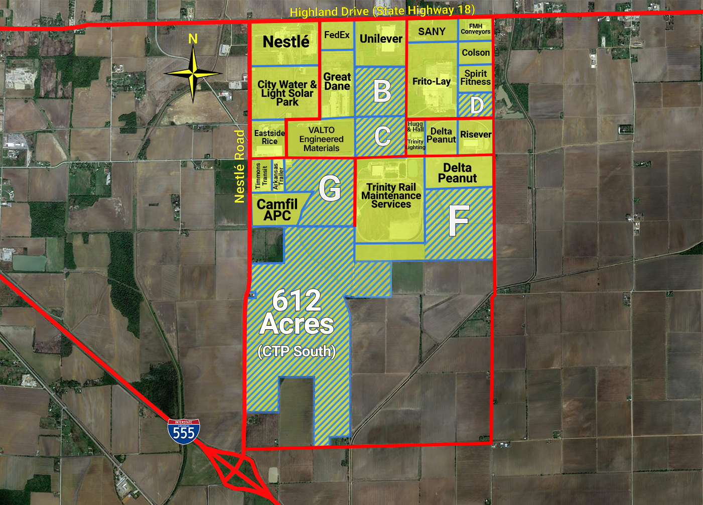 Map of Craighead Technology Park and South showing facility locations and available sites in Jonesboro, Arkansas