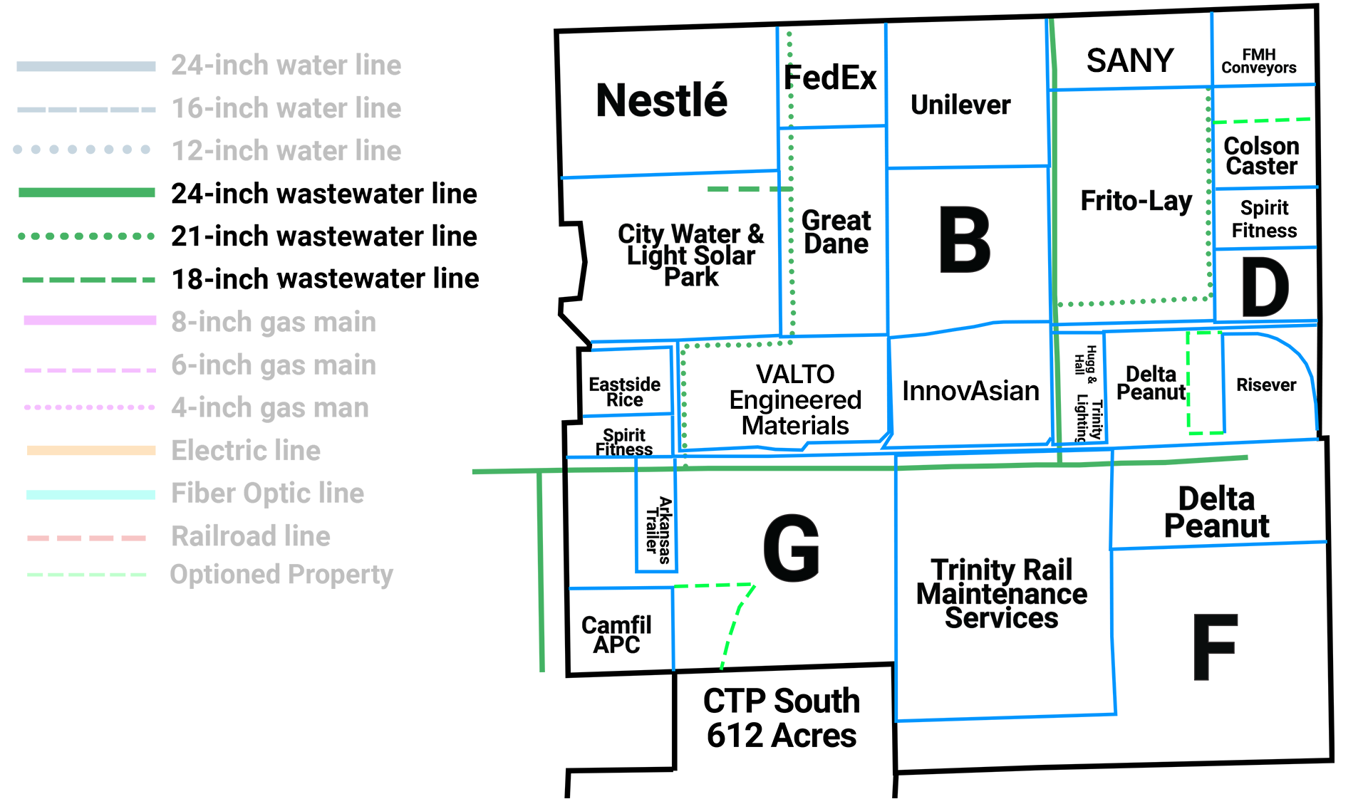 Map of Craighead Technology Park Wastewater Lines Infrastructure in Jonesboro, Arkansas